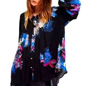 Free People Meadow Lark Floral Black Oversized Long Sleeve Size Medium